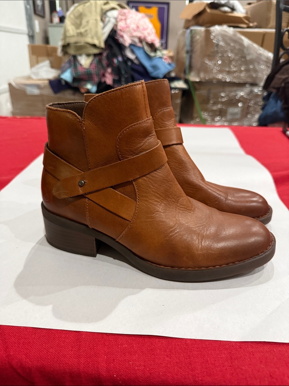 Born Cognac Tan Leather Ankle Boots with Wrap Strap
